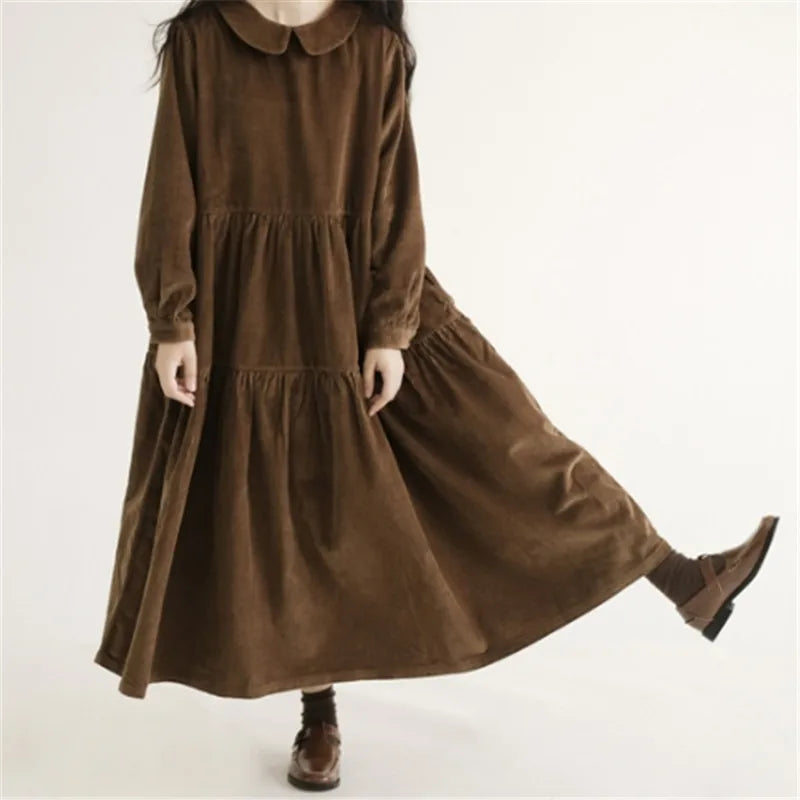 Autumn Winter Corduroy Dress Women Patchwork Vintage Pater Pan Collar A-line Dress Cute Long