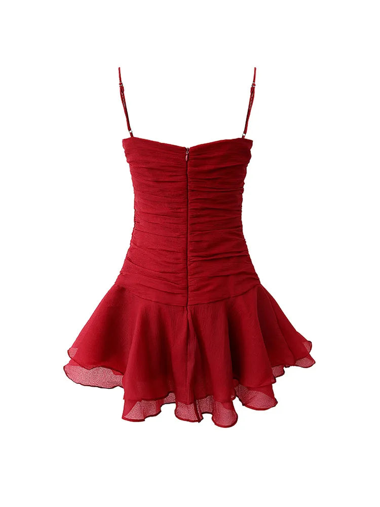 Flounced Edge Spaghetti Strap Dress Summer Women Red Sweet Fluffy One-Piece Frocks