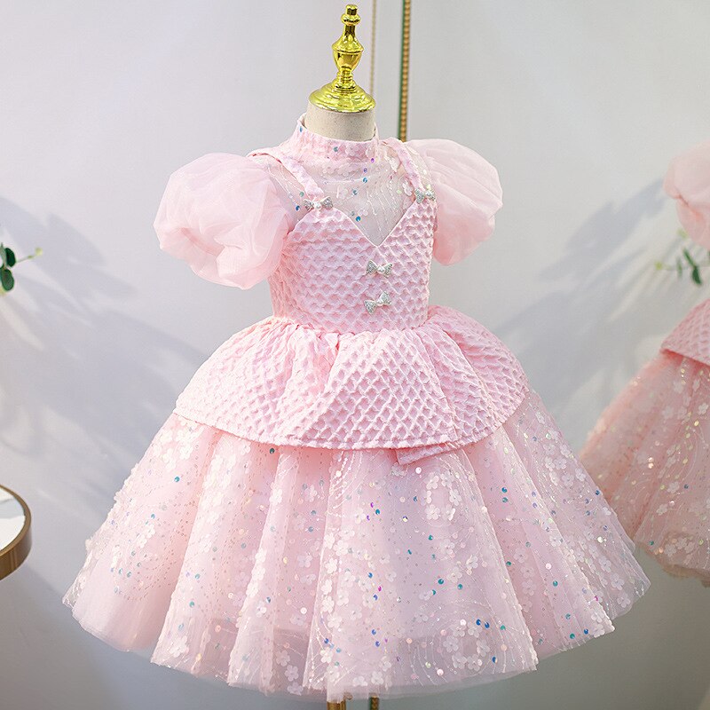 Pink Flower Girl Dress for Weddings Infant Sequined Princess Ball Gown Graduation Dresses for Kinder Girls Children Clothes