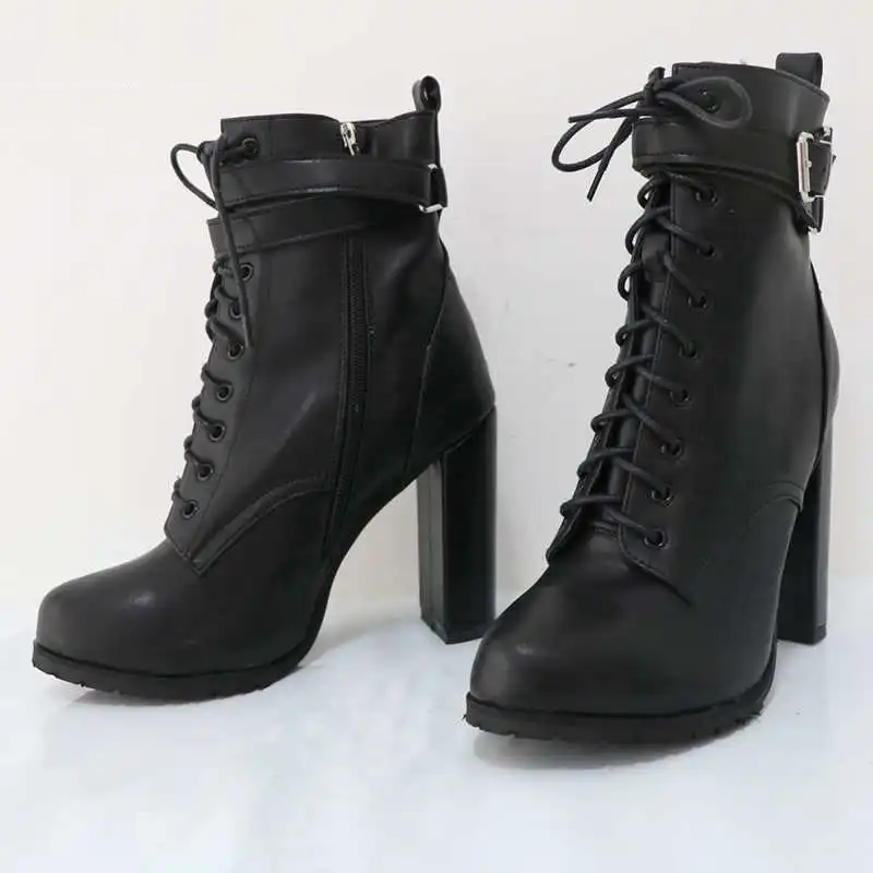 Block High Heel Women Boots Ankle Straps Round Toe Hidden Platform Lace Up Shoes