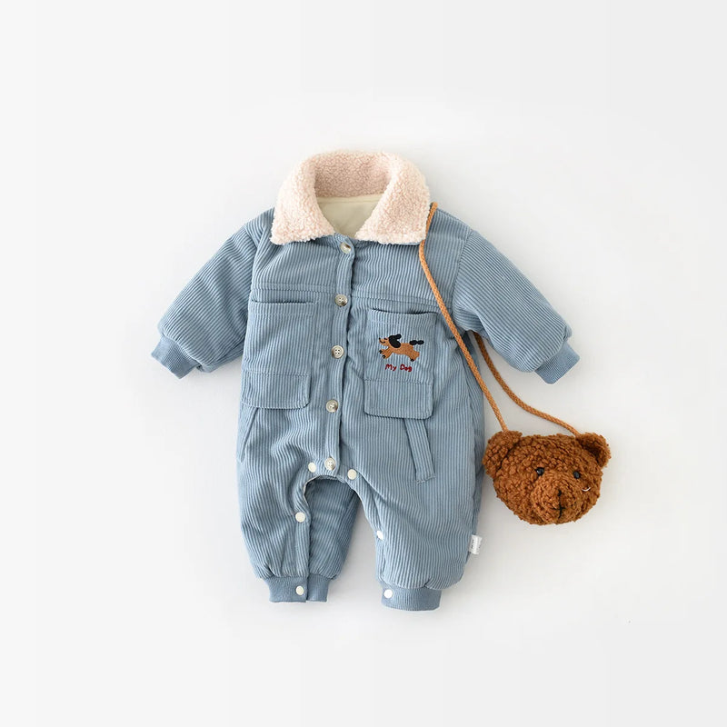 Winter Baby Clothing Corduroy Fur Rompers Turn Down Collar Boys Jumpsuits