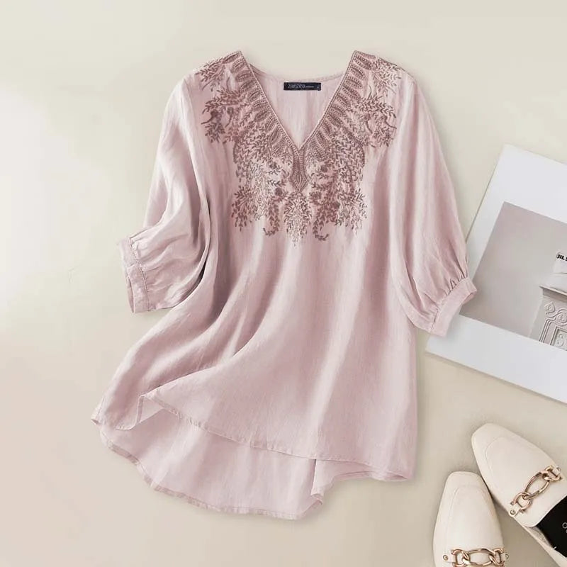 Women Solid Tops Summer Casual Blouse Embroidery Stitching Tunic Oversize Half Sleeve Shirts Femme