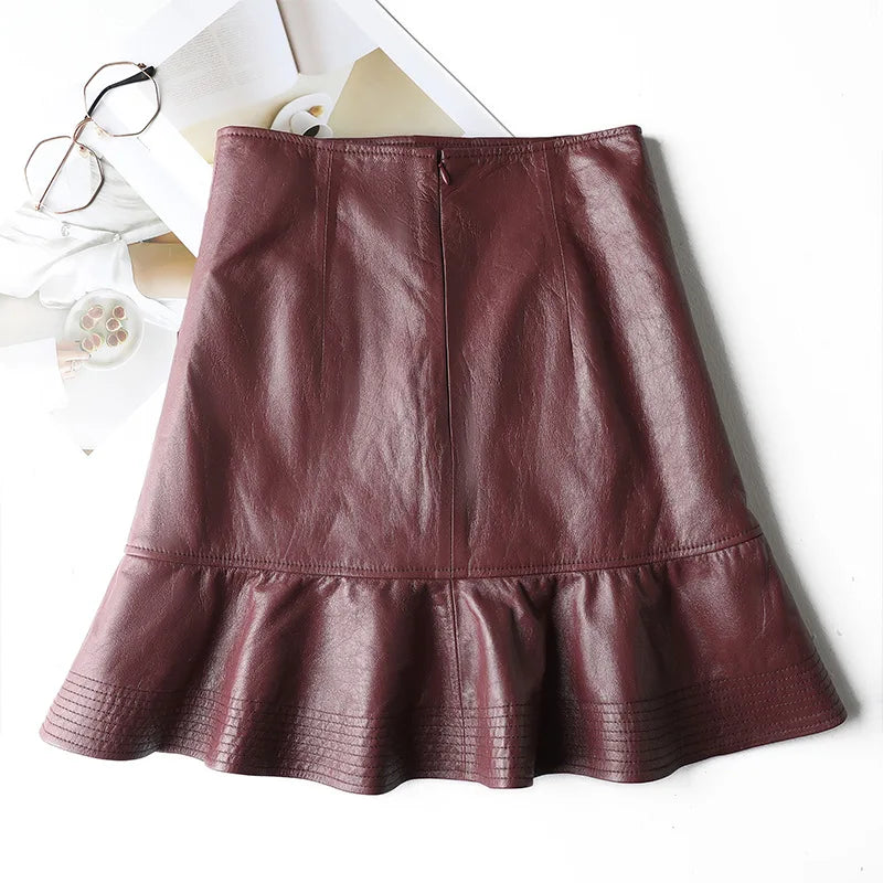 Women Leather Mini Skirt Female Lotus Leaf Swing Burgundy Short Wrap