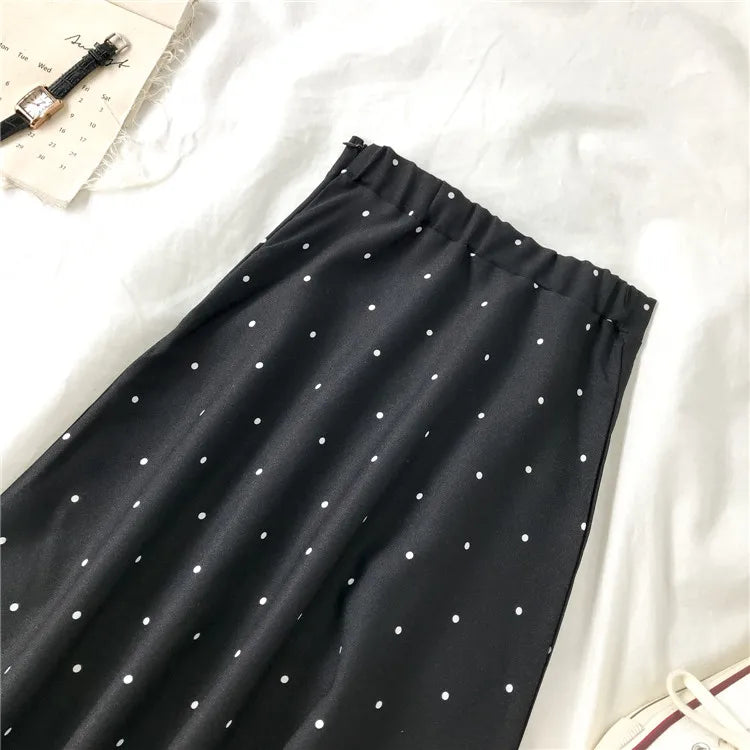 Summer Women Black Polka Dot Chiffon Long Skirt Elegant Lady Skirts Casual Boho Beach Vintage Slim Skirt