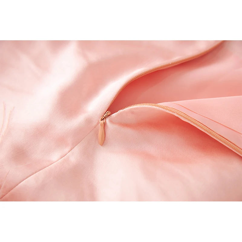 Summer Luxury Satin Fabric Vest Top Mini Skirt Sweet Pink Feather Sets Suits