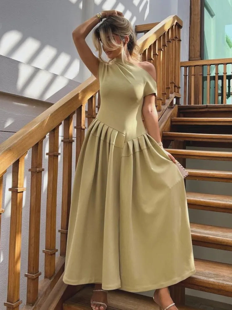 Slanted Shoulder Front Slit Pleated Dresses French Sexy Temperament High Waist Evening Robes Solid Color Woman Summer Long Dress