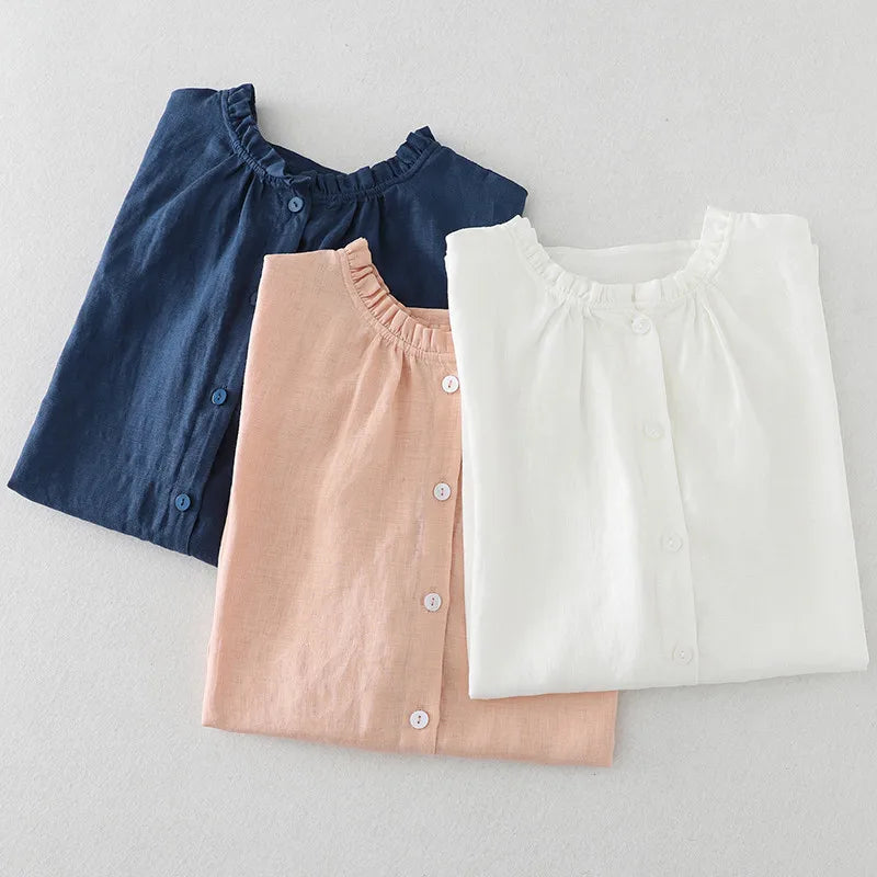 Ruffles Cotton Linen Blouses Women Basic Tops Ruffles Collar Short Sleeve Shirts Breathable Blouses