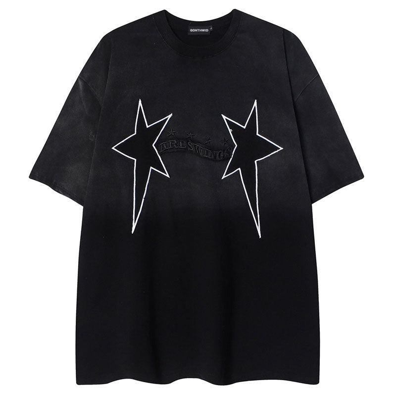 Hip Hop Tie Dye T-Shirt Vintage Retro Embroidery Star Letter Washed Tshirt Streetwear Punk Gothic Loose Tops Pink