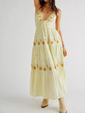 Women Summer Casual Long Dress Flower Embroidery Tie-Up Halter Neck Sleeveless Dress