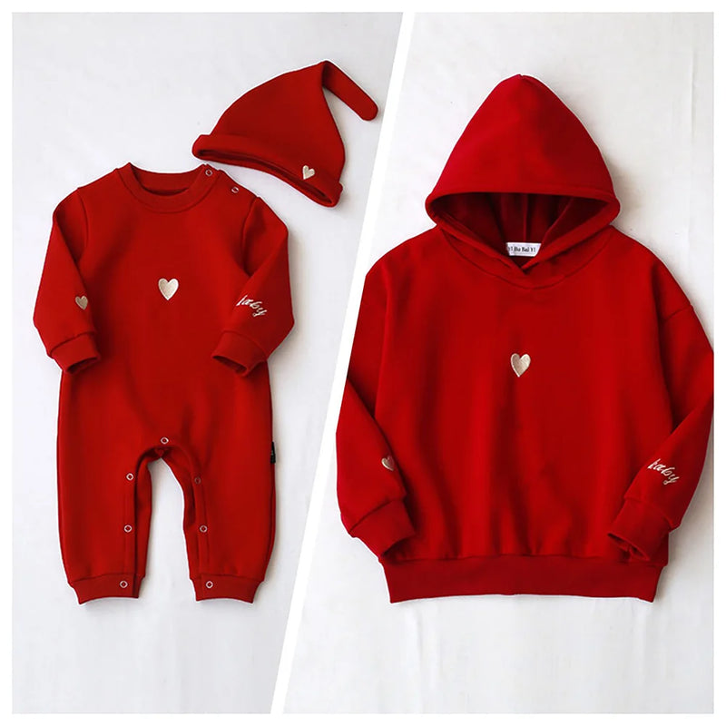 Family Matching Clothes Winter Thicken Warm Sweater Heart  Baby Bodysuit Brother Sister Hoody Outfit