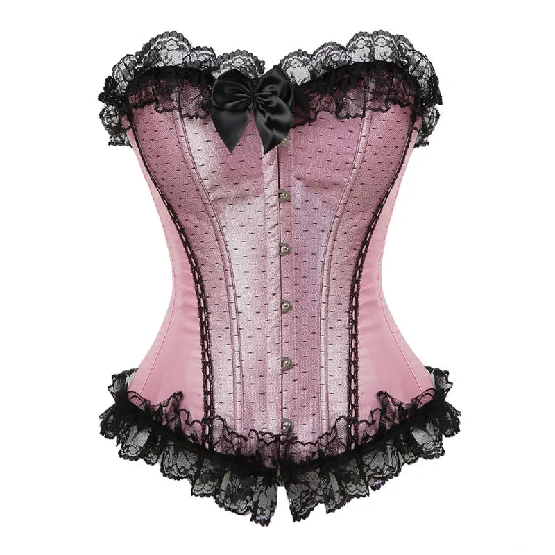 Pink Corset Top Bustier with Lace Up Trim Satin Overbust Ladies Shaper Victorian Floral Princess Red