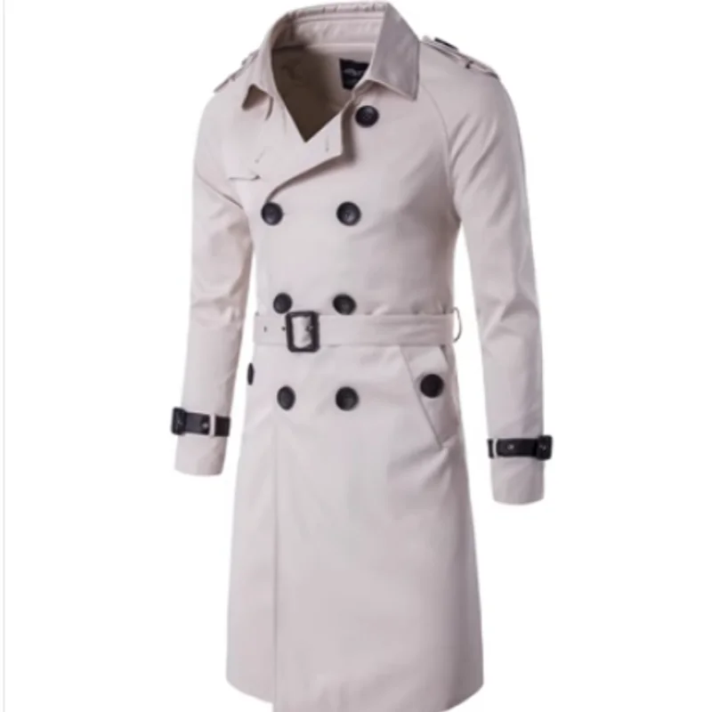 Mens Spring Autumn Windbreak Overcoat Long Trench Coats with Belt Male Pea Coat Double Breasted