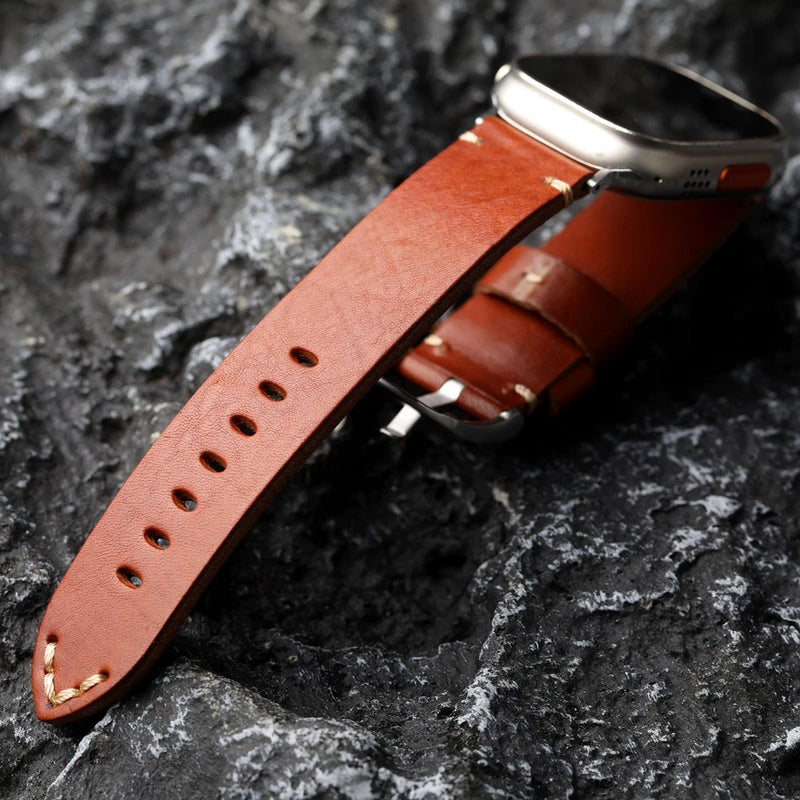 Handcrafted Maroon Retro Watchband For Apple Watch Thickened Punk Leather Strap Thickened