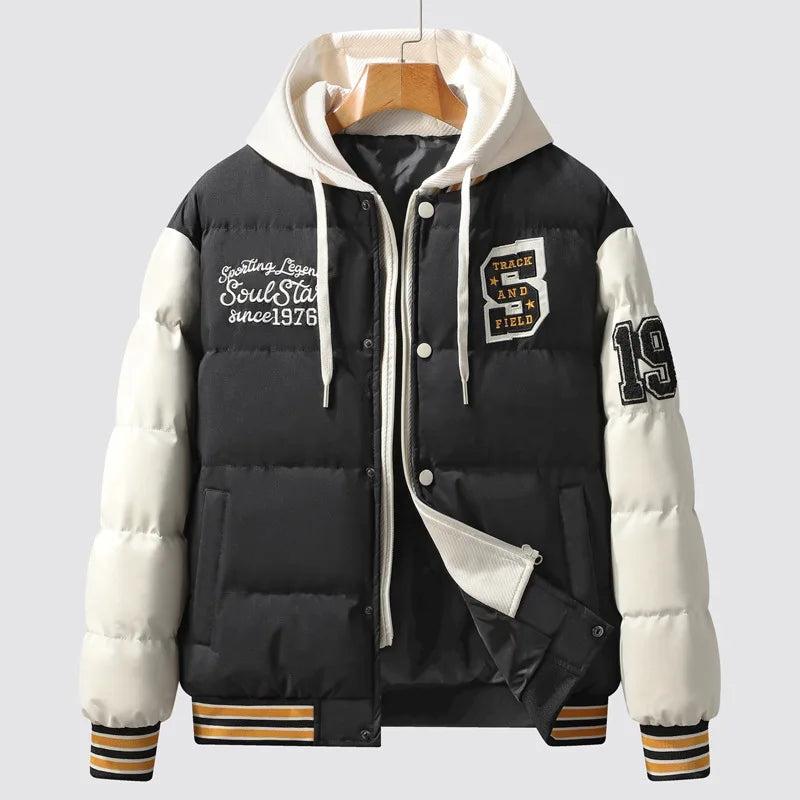 Winter Warm Cotton-padded  Varsity Jacket Thickened American Street Hooded Cotton-padded Jacket Men