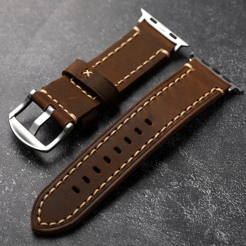 Handmade Leather Watchband Fits Apple Watch Thickened Brushed Leather Vintage Style