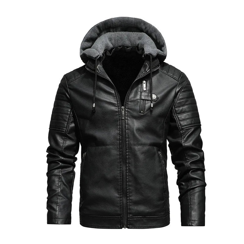 Autumn and Winter Leather Jacket for Men Jacket for Men Motorcycle Jacket with Velvet Hooded