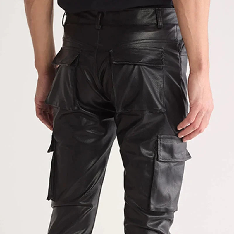 Leather Men Slim Cargo Pants Stretch Trousers Motorcycle Pant