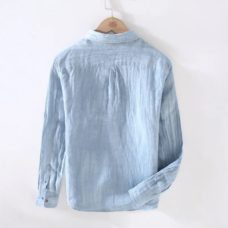 Men Spring and Summer  Linen Shirt Loose Distressed Retro Crumpled Square Collar Shirt