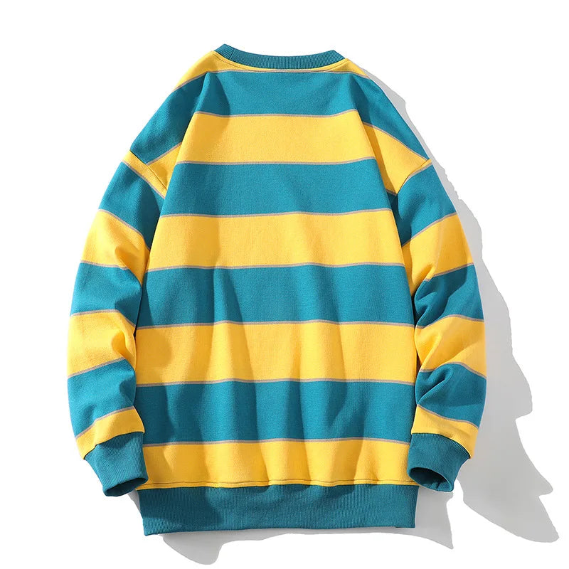 Spring Fall Striped Sweatshirt Contrast Color Patchwork O-neck Loose Casual Pullovers