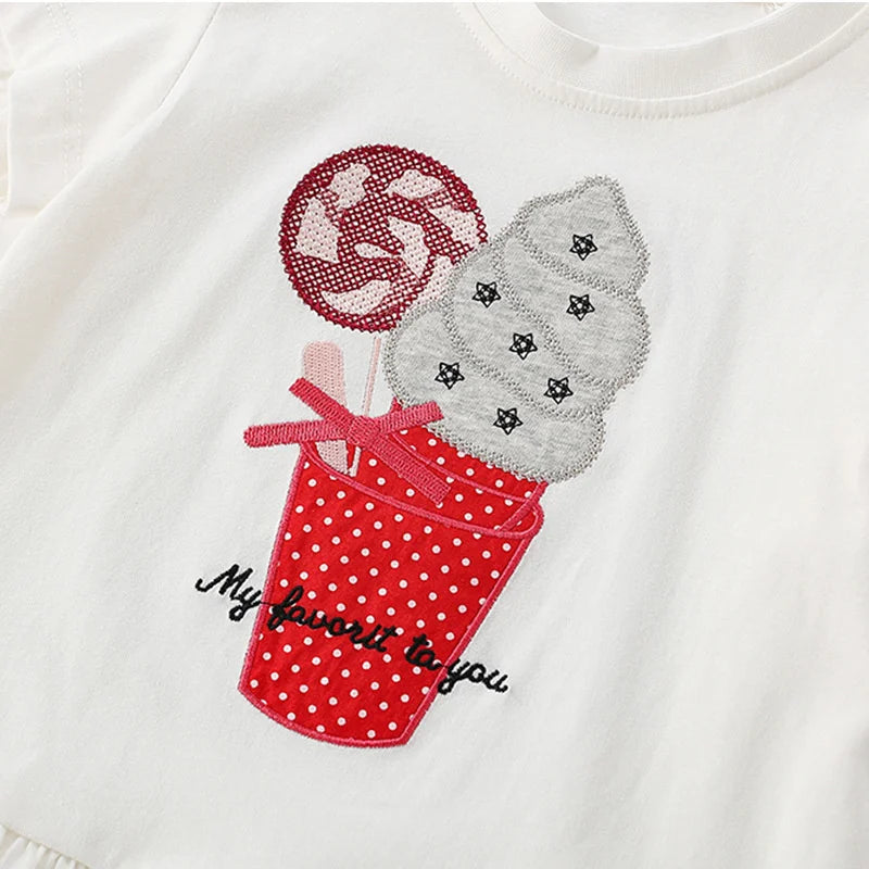 Ice Cream Embroidery Cotton Summer Girls Tshirts Baby Clothes Children's Tees Tops