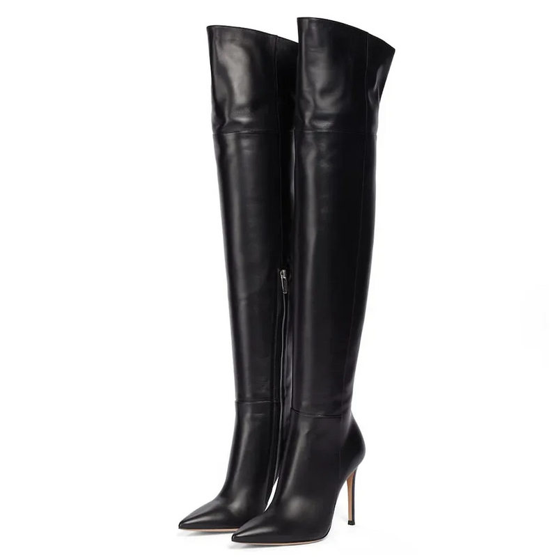 Women Black Brown Matte Leather Over The Knee Boots Stiletto Heels Zipped Pointed Toe Thigh High Boots Sexy Long Dress Shoes