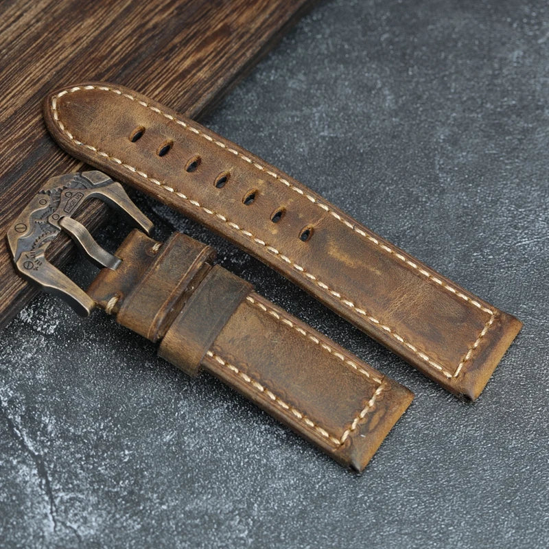 Handmade Vintage Leather Watchband Bronze Watch Buckle 22 24 26MM Brown Men's Bracelet Vintage Style