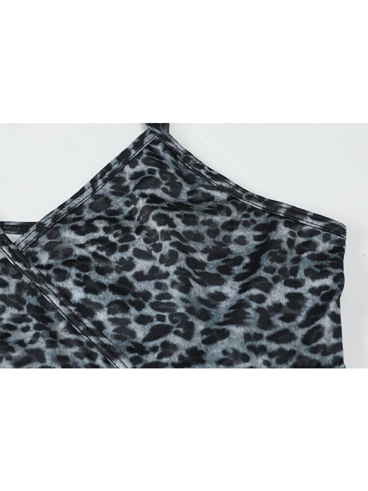 Women Summer Leopard Sling Sexy Perspective Bottoming Shirt Crew Short Top