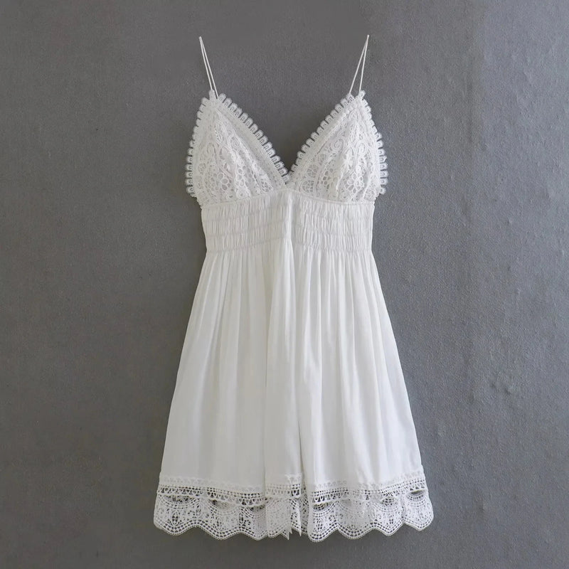 Summer Dress Women's White Casual Chic Backless Crochet Embroidery Short Sling Dress