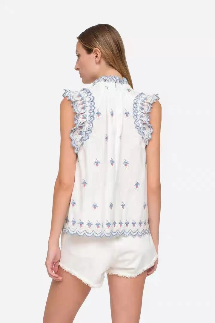 Summer Women Strawberry Hollow Embroidery Flying Sleeve Shirt