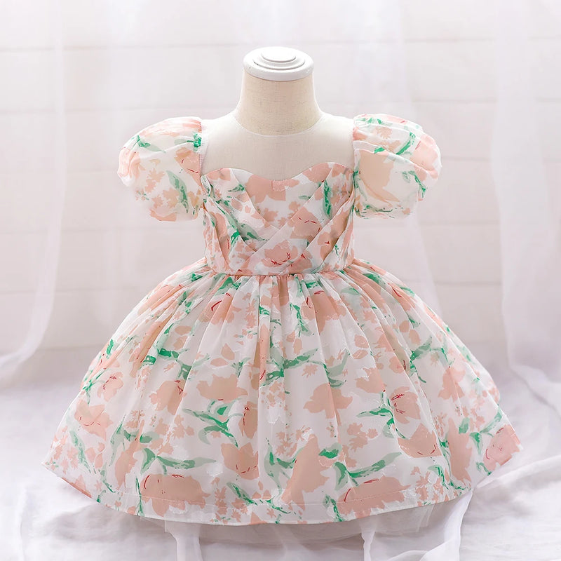 Floral Baby Girl Dress Birthday Party Baptism Pink Clothes Toddler Fluffy Outfits