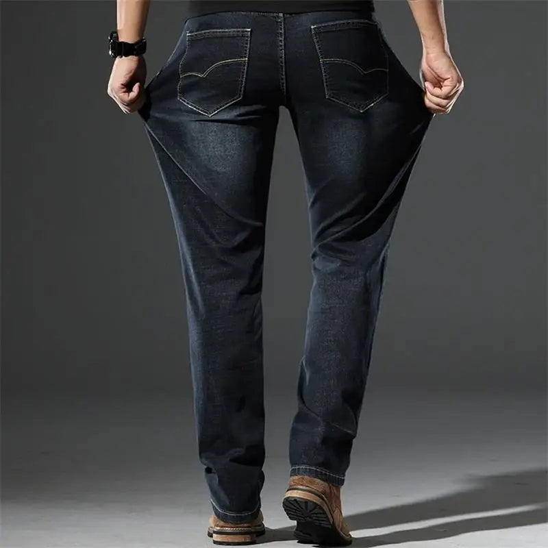 Spring and Autumn Men Mid Rise Straight Leg Jeans Elastic Business Casual Pants