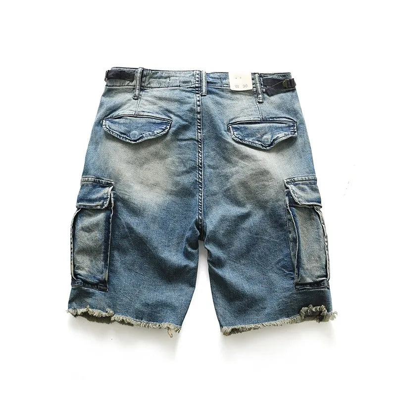 Men Retro Denim Shorts Multi Pockets Cargo Jean Shorts for Male