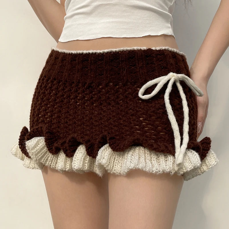 Knitted Mini Skirt Bodycon Ruffles Tie Up Cute Women Skirt Ruched