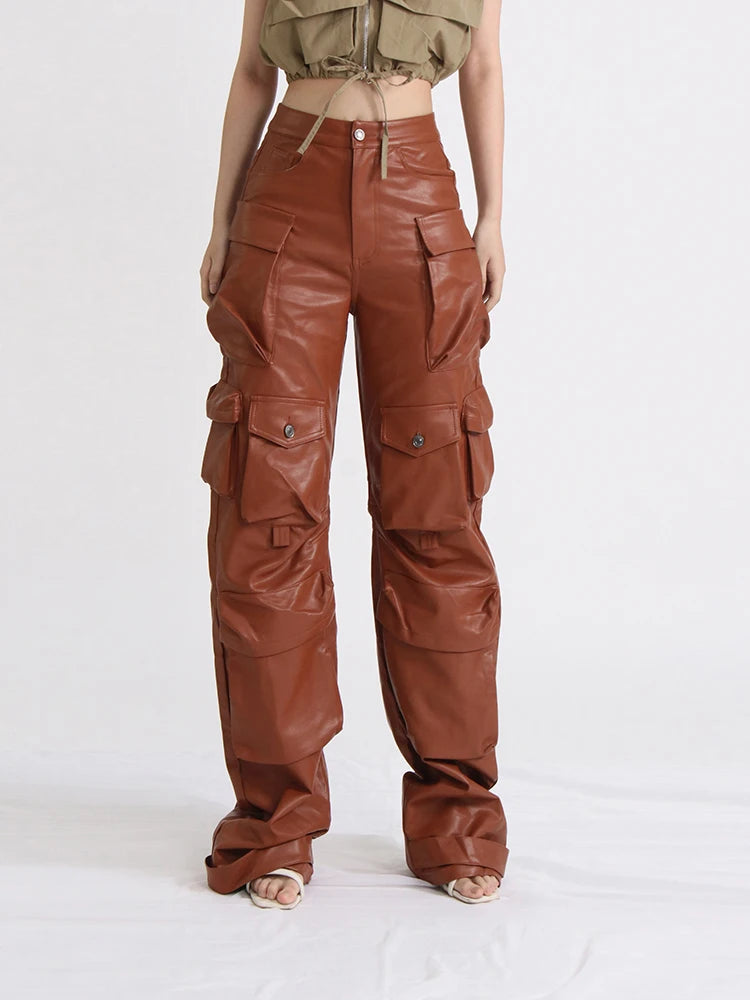 Solid Cargo Pants For Women High Waist Patchwork Pockets Casual Leather Trousers Female Autumn Clothing