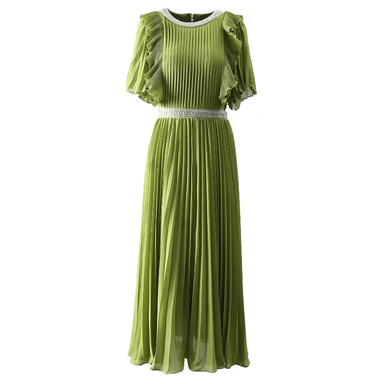 Spring Summer Women's Pleated Dress Flare Sleeved Beading Flounced Edge Dresses