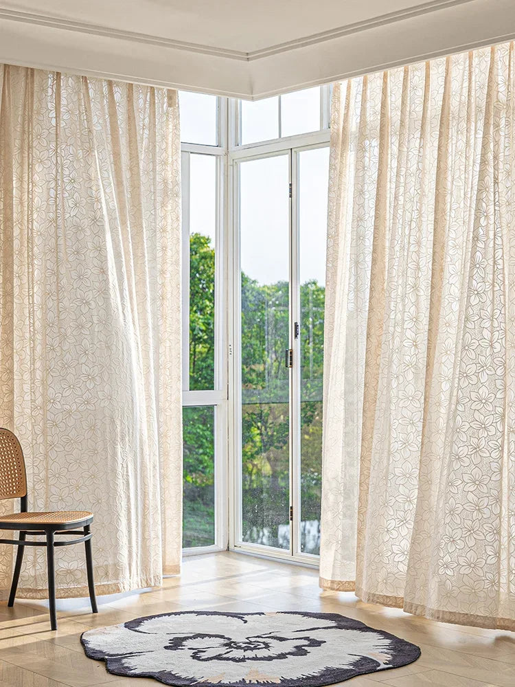 Living Room Curtain Cream Beige Bedroom Decorative Curtains Floral Pattern Light-transmitting Study Curtains