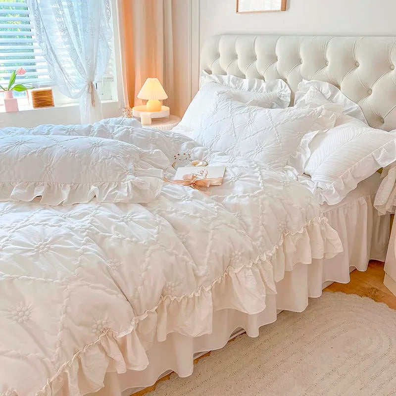 Pinch Pleated Textured Duvet Cover set White Comforter Cover 160X200cm Bedskirt Pillow Shams