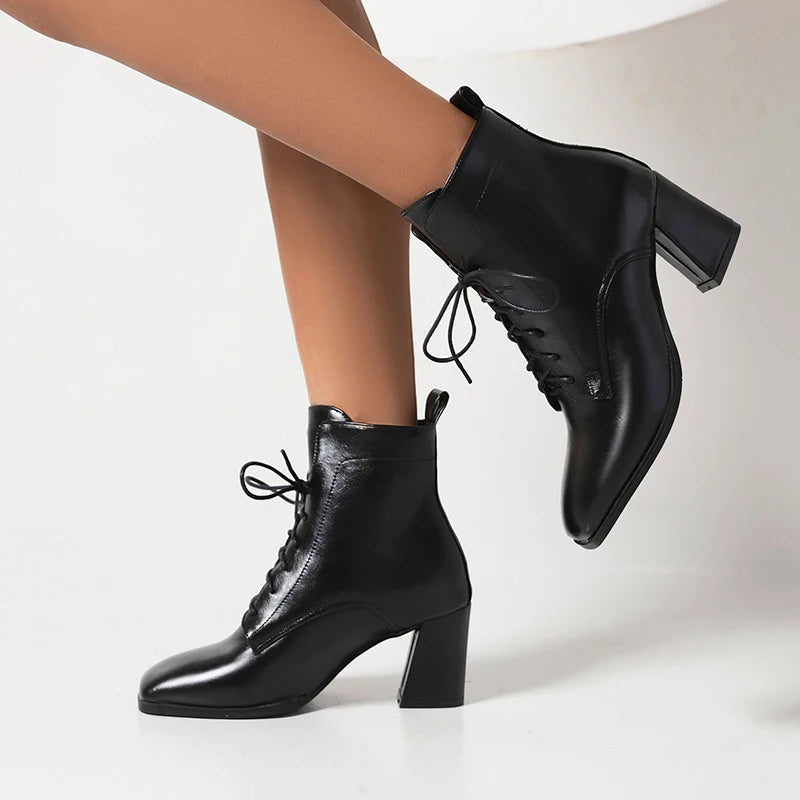 Square Toe Thick Heel Lace-Up Boots Version Of Casual Women's Ankle Boots Autumn