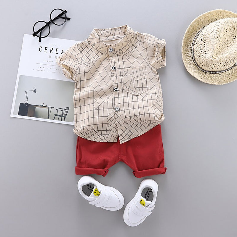 Kids Baby Boy Clothes Simple Lattice Summer Sets 2Pcs Short Sleeve Shirt+Shorts Child Boy Beach Wear Outfits