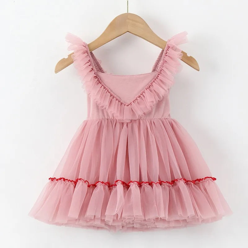 Summer Kid Girl Party Dress Sleeveless Solid Suspenders Perform Mesh Princess Dresses