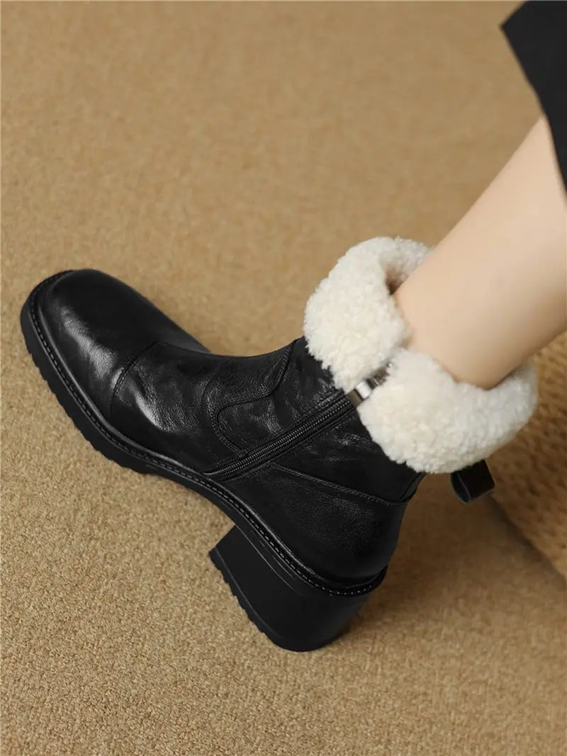 Boots Women Zipper Square Heels Warm Wool Winter Boots Round Toe Ladies Snow Boots Shoes