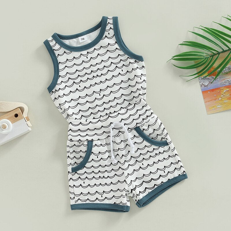 Baby Boy Summer Clothing Outfits Wave Stripe Sleeveless Tank Tops and Stretch