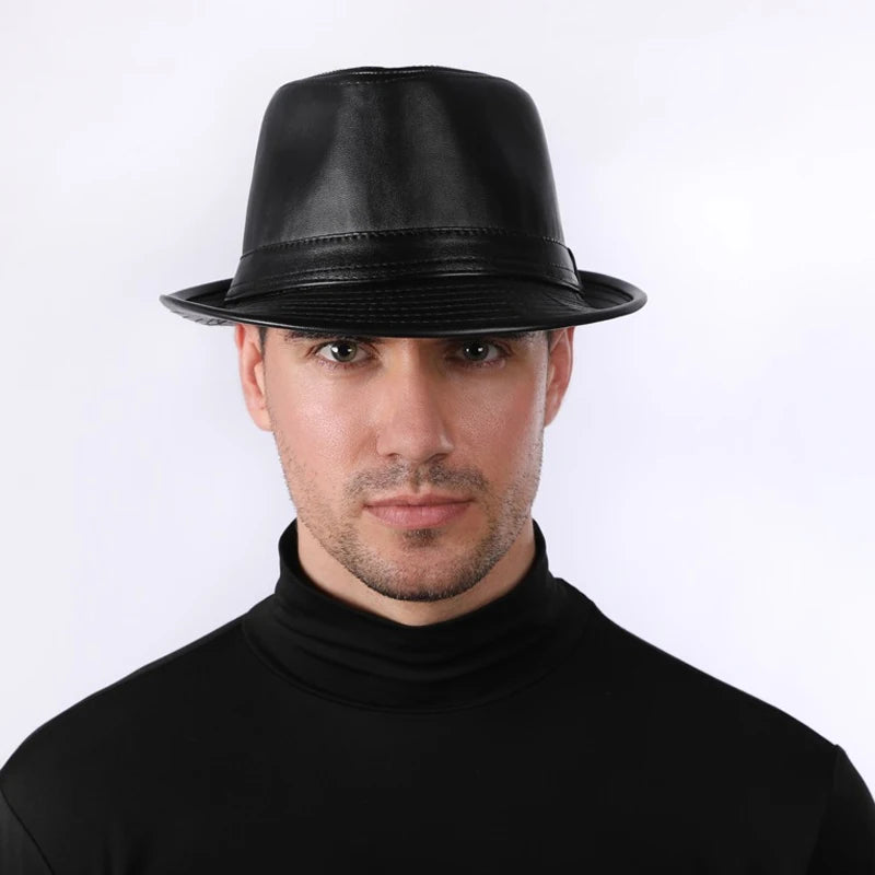 Man Genuine Leather Jazz Fedora Gentleman  Brim Fitted Top Hat