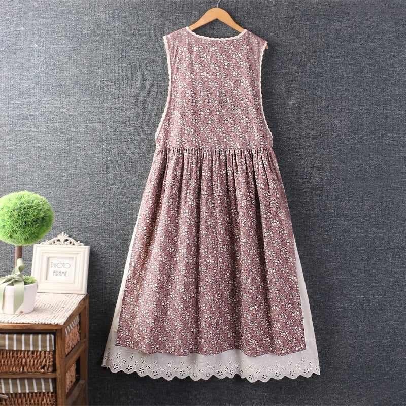 Summer Women Cotton And Linen Loose Floral Dress Vest Dress