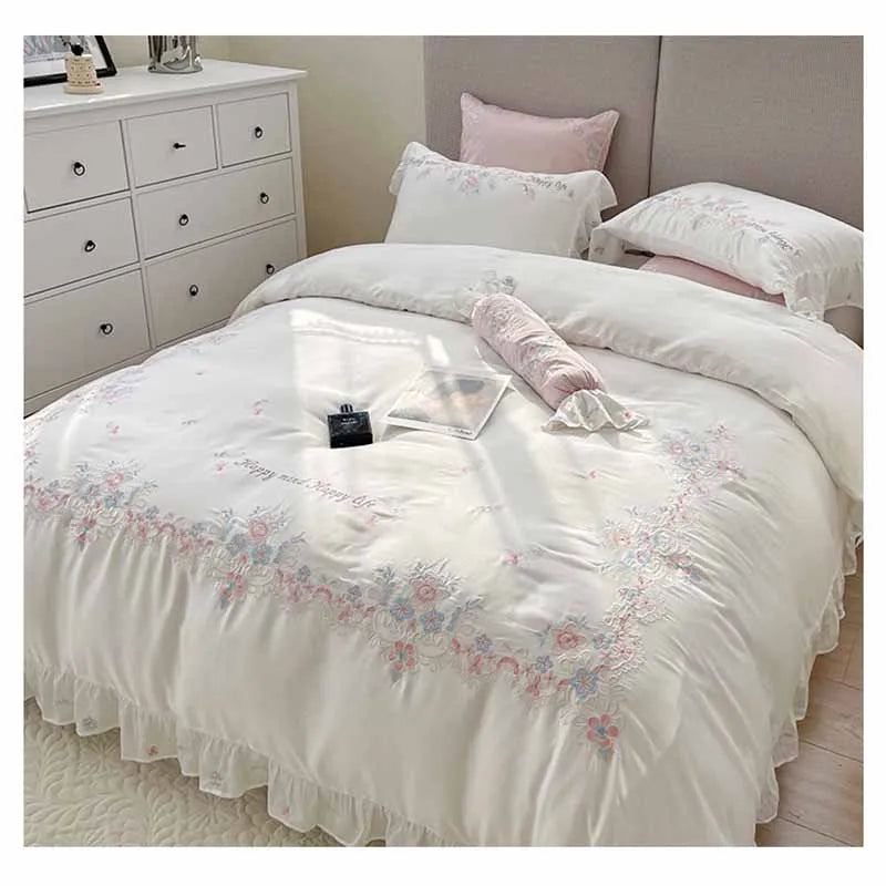 Summer 60 double-sided Silk four piece set girl's heart Ruffle quilt cover cool feeling naked Quilt cover