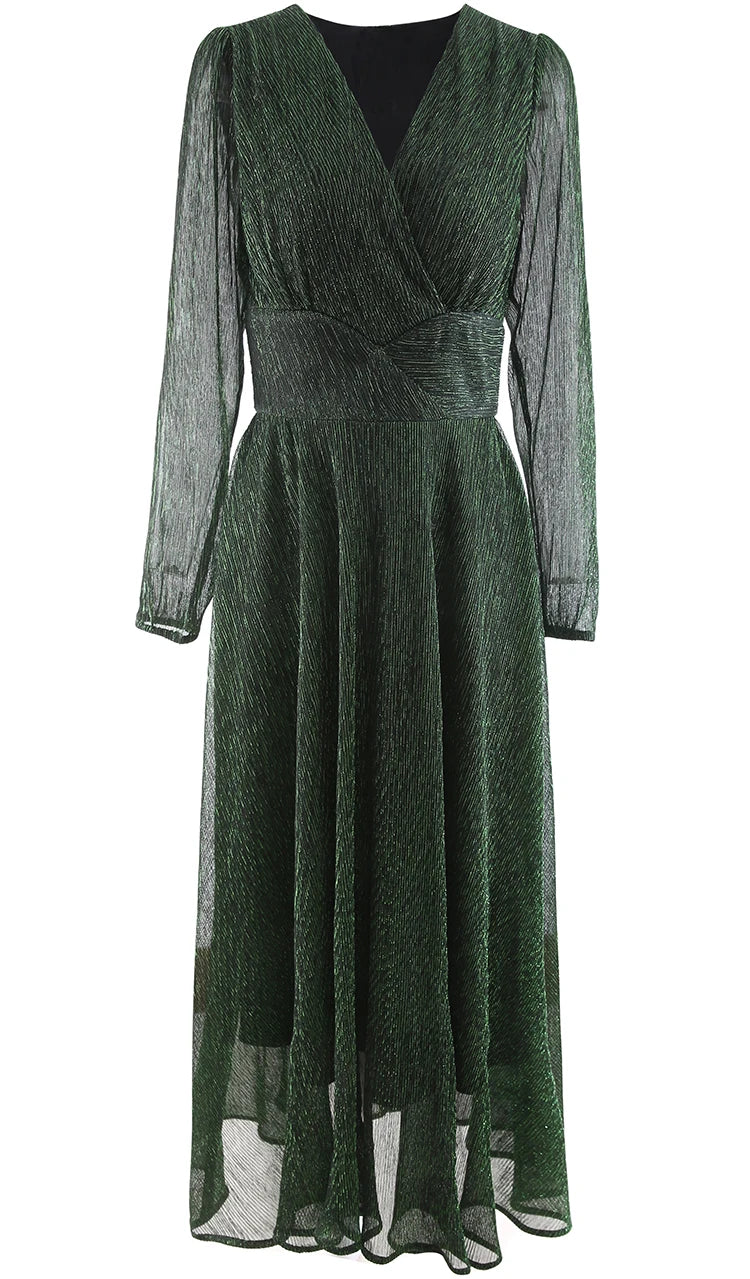 Autumn Elegant dress Lace Long Sleeve Bright Silk Green Slim Party Evening Dresses