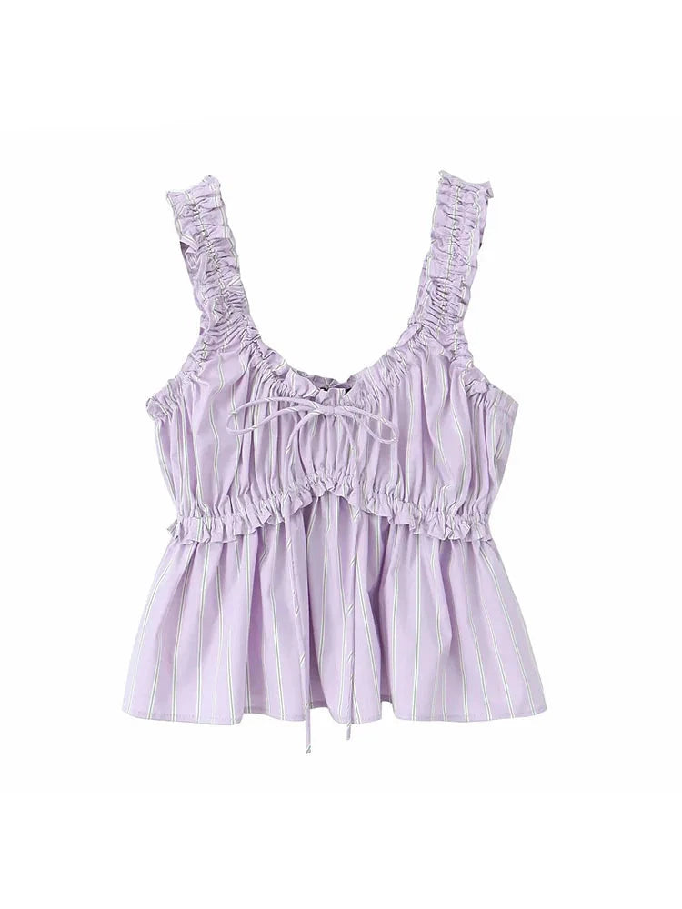 Summer Sleeveless Bow Lace Up Decorate Folds Female Slim Crop Top Women Short Tops