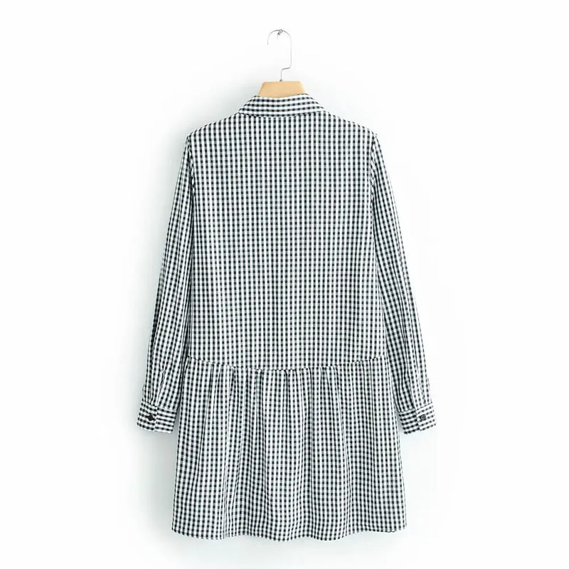 Women vintage plaid shirtdress casual slim dress female pleats patchwork chic dresses