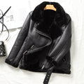 Winter Leather Women Jacket Fur Locomotive Retro with Belt Biker Warm Padded Coat Female Parkas Black Zip Chic Tops