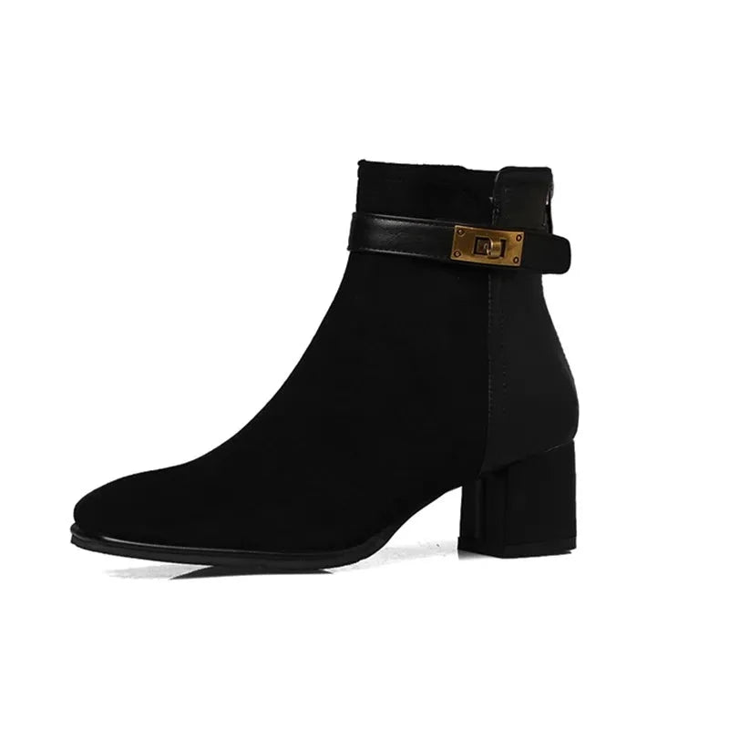 Women's Suede Ankle Boots Back Zip Closure Boot Female Belts Decoration Square Toe Medium Heels